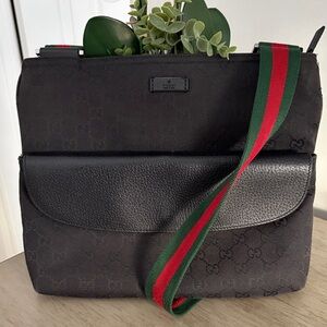Gucci Black Messenger Bag with Signature Green and Red Strap